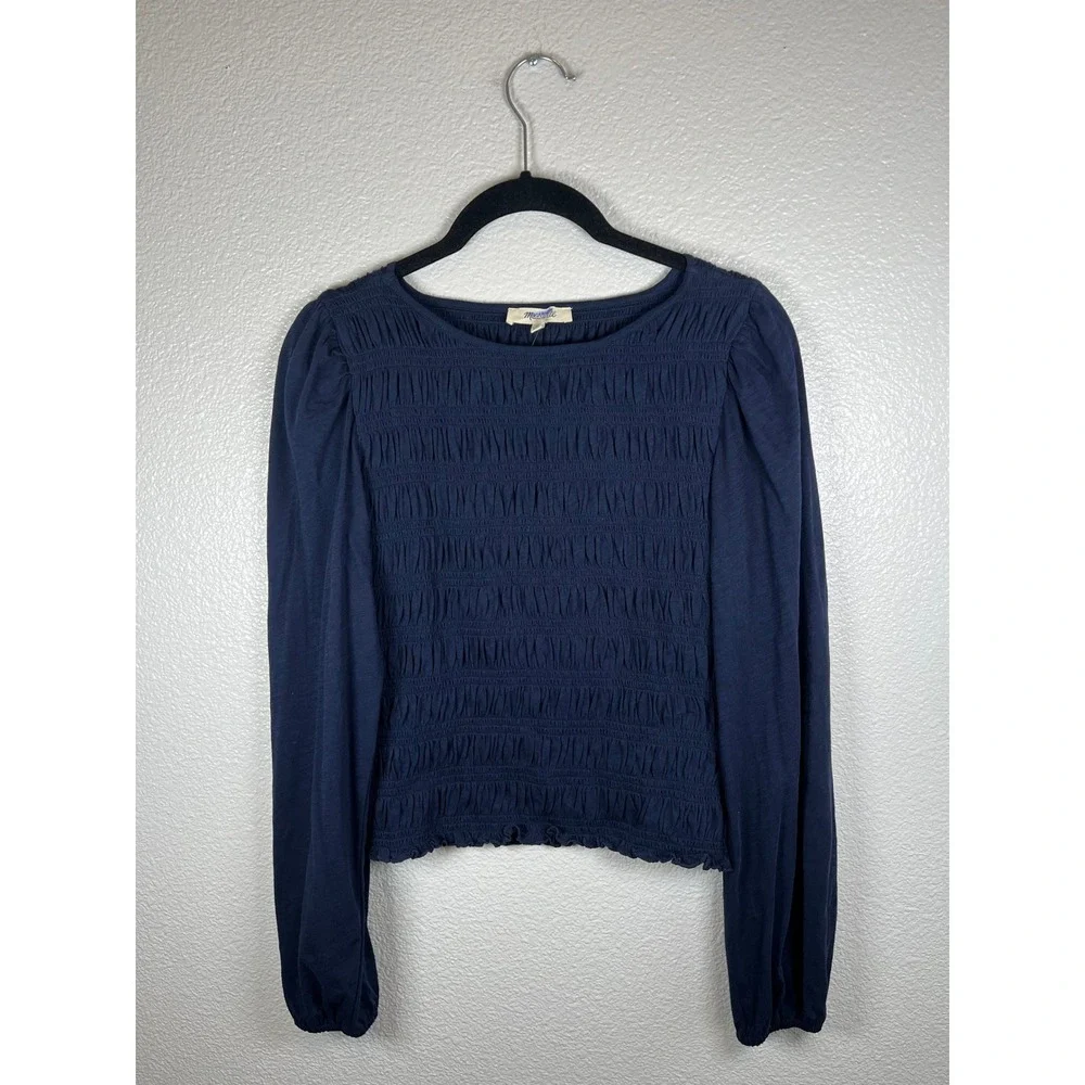 NWT Madewell Smocked Boatneck Top Midnight Navy Long Sleeve Extra Small